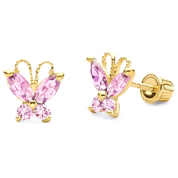 14k Solid Yellow GoldButterfly Stud Earrings With Screw Back For Infant/Child